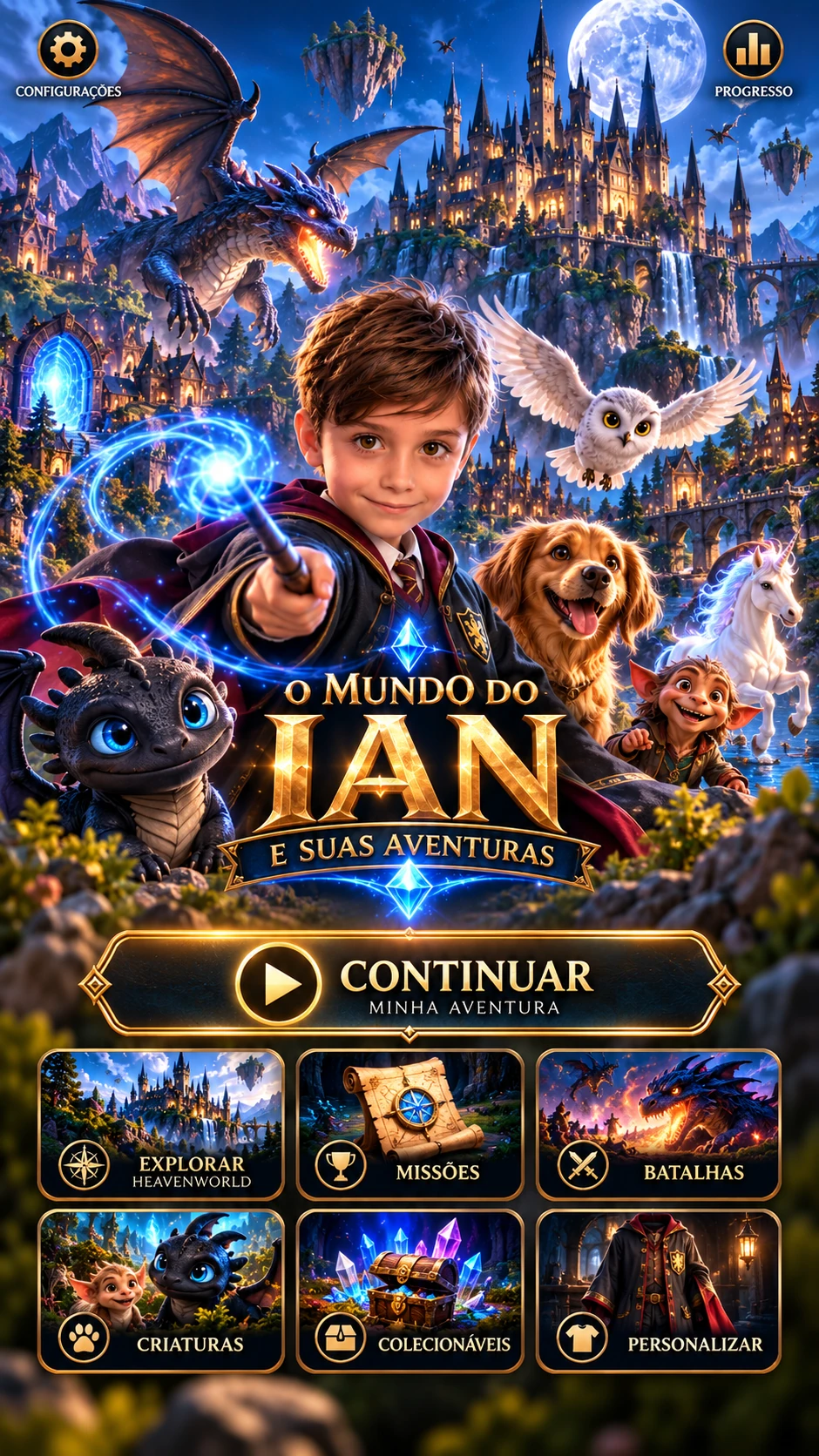 Ian com sua varinha diante do castelo mágico, cercado por dragões, coruja, cachorro, unicórnio e seus amigos